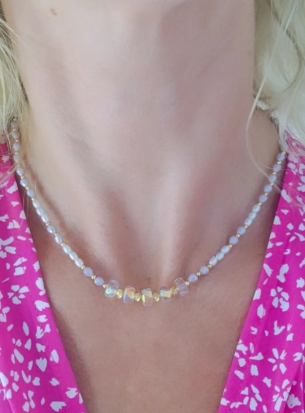 395a Złoty łańcuszek 41+5 naszyjnik stal chirurgiczna celebrytka choker lato wakacje kryształki