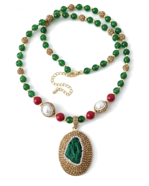 2579 Naszyjnik kamienie naturalne agat, malachit 55+5cm pozłacany 14k