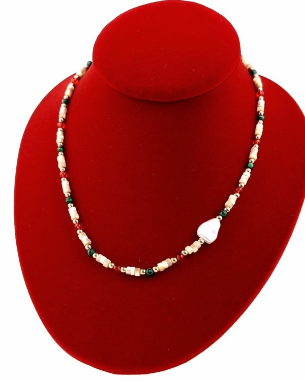 2586 Złoty łańcuszek 45+5 naszyjnik stal chirurgiczna malachit kamień masa perłowa perła