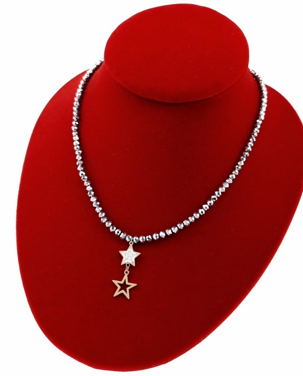 1930f Naszyjnik błyszczący szklane kryształki na gumce jubilerskiej łańcuszek gwiazda