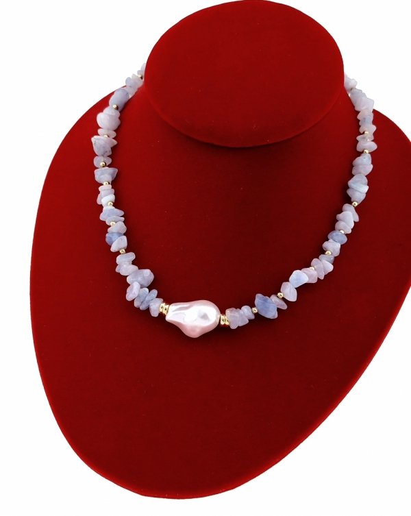 4215 Złoty łańcuszek 40+5 naszyjnik stal chirurgiczna celebrytka akwamaryn kamień perła