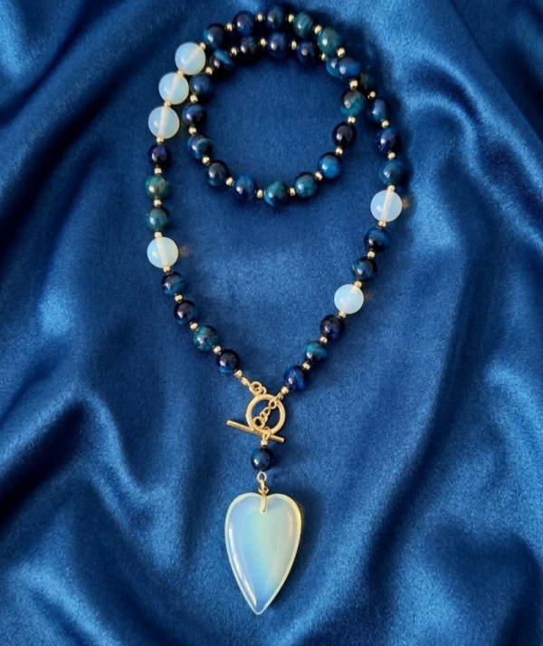 59b Naszyjnik opal, niebieskie tygrysie oko kamień naturalny 50cm stal chirurgiczna nierdzewna 