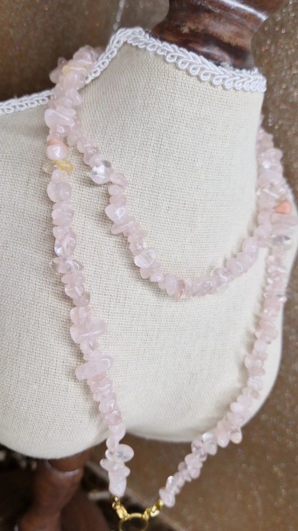 1299h Naszyjnik naturalny kamień kwarc różowy 73cm stal chirurgiczna 