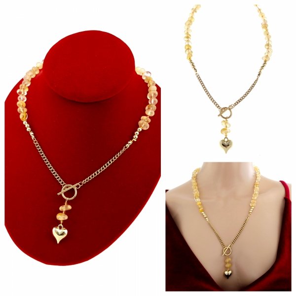 2669 Złoty łańcuszek cytryn kamień naturalny 55cm stal chirurgiczna nierdzewna naszyjnik