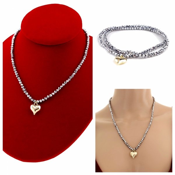 4269 Naszyjnik błyszczący szklane kryształki na gumce jubilerskiej łańcuszek serce