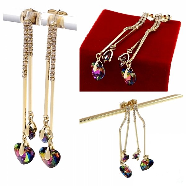 060 Kolczyki złote pozłacane Austrian Crystal wiszące 14K cyrkonie Xuping serce