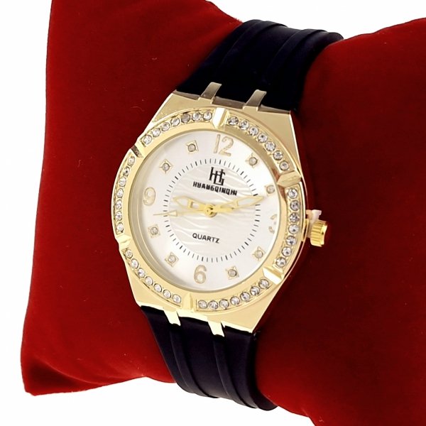 2210 Ekskluzywny damski złoty zegarek błyszczący cyrkonie klasyk silikonowy pasek
