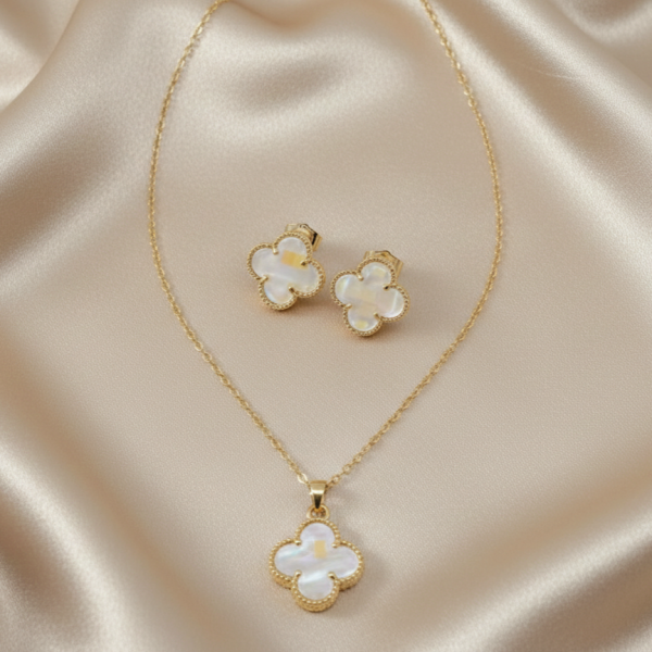 1416 Komplet złoty pozłacany 14k kolczyki, łańcuszek 45+5cm koniczyna marokańska