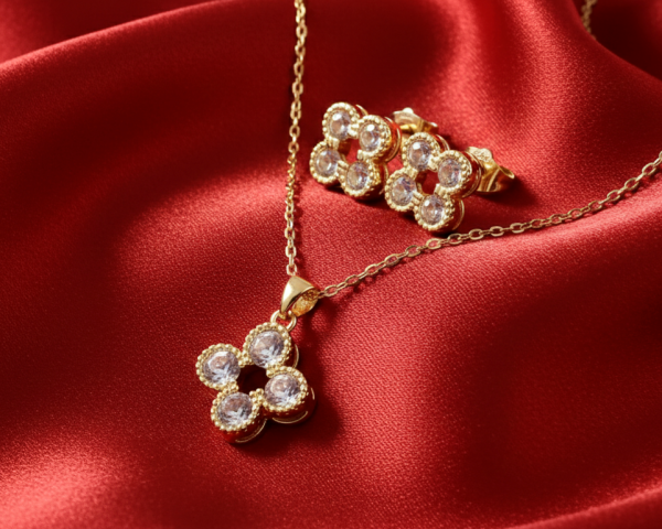 3453b Komplet złoty pozłacany 14k kolczyki, łańcuszek 45+5cm cyrkonie