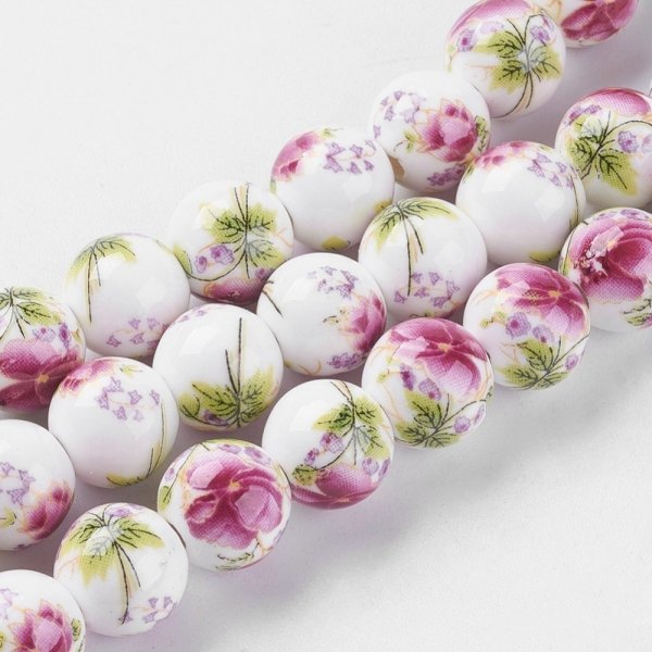 1828 Koraliki ceramiczne z nadrukiem kwiatowym, okrągłe 10 mm, otwór: 2 mm, 35 szt./sznur