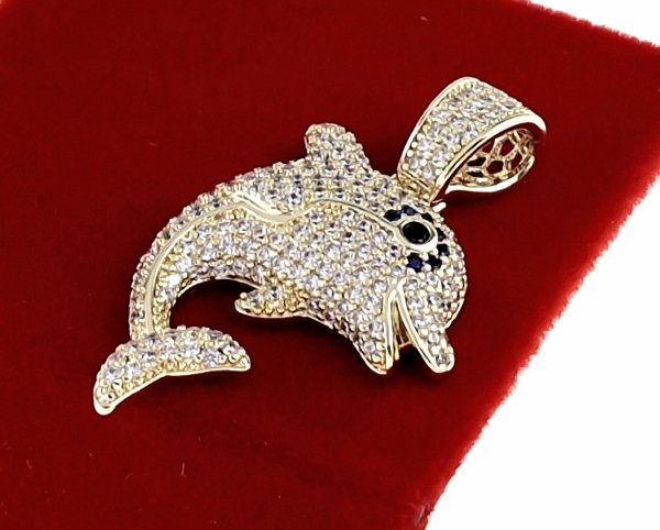 3586 Złota zawieszka cyrkonie błyszcząca pozłacana 14k Xuping delfin lato plaża wakacje