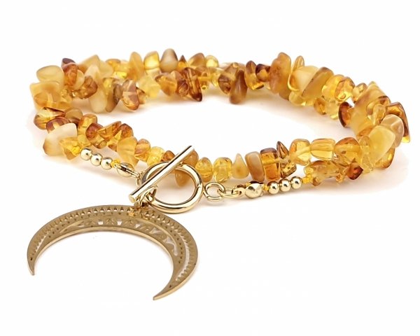 1927j Złoty łańcuszek bursztyn naturalny bałtycki 43cm stal chirurgiczna nierdzewna naszyjnik 