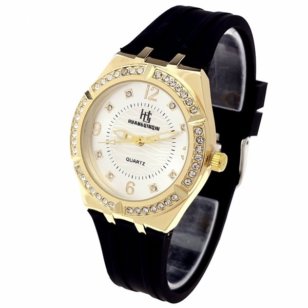 2210 Ekskluzywny damski złoty zegarek błyszczący cyrkonie klasyk silikonowy pasek