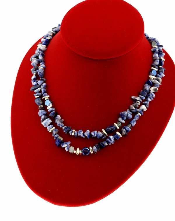 4476 Łańcuszek naszyjnik kamień naturalny sodalit lapis lazuli sieczka długi stal chirugiczna