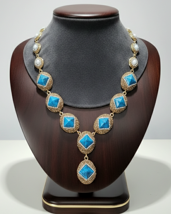 4297 Naszyjnik kamień naturalny turkus, perły 50+5cm pozłacany 14k 