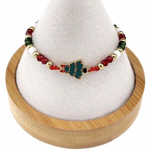 1019 Bransoletka świąteczna na sznurku stal chirurgiczna choinka