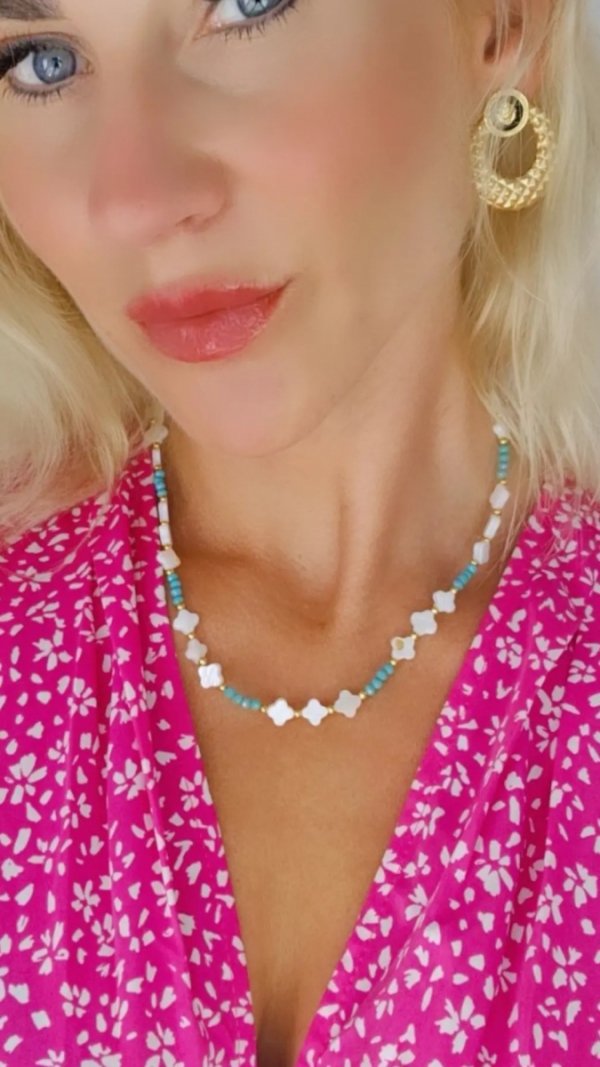062 Złoty łańcuszek 42+5 naszyjnik stal chirurgiczna celebrytka choker lato wakacje koniczynka kryształki