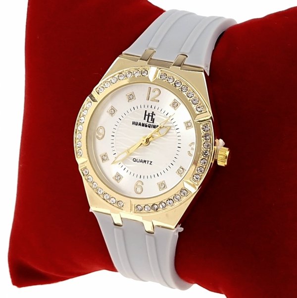 3032 Ekskluzywny damski złoty zegarek błyszczący cyrkonie klasyk silikonowy pasek