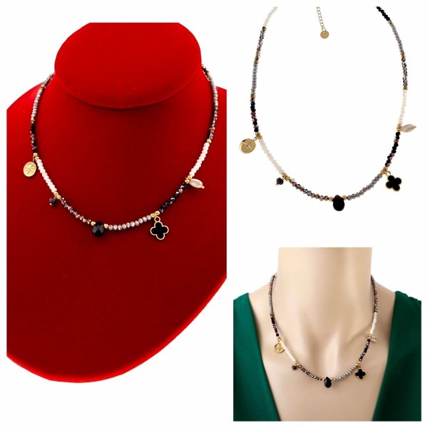 296b Złoty łańcuszek naszyjnik 39+5 stal chirurgiczna 316L Viki lady choker kryształki koniczyna marokańska róża wiatru