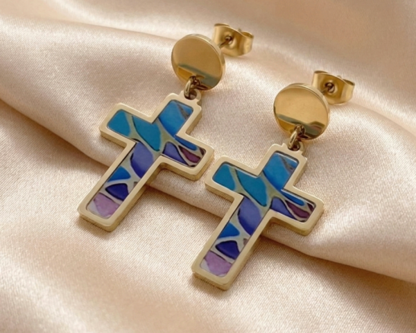 2242a Kolczyki złote stal chirurgiczna 316L wiszące stal nierdzewna krzyż