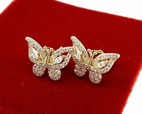 sz155 Kolczyki złote pozłacane wtyczki 14K cyrkonie motyl