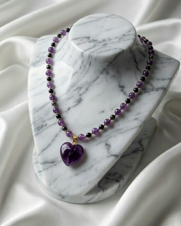 1175b Naszyjnik ametyst turmalin kamień naturalny 50+5cm stal chirurgiczna nierdzewna 