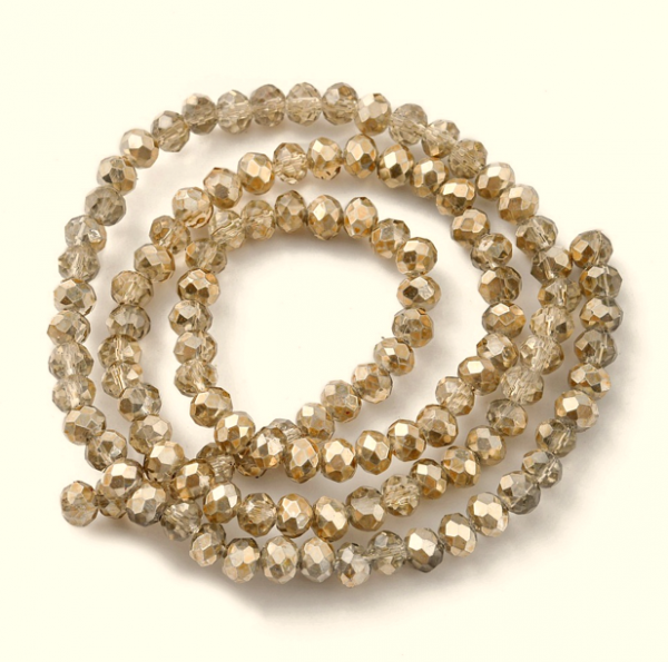 4146c Sznury koralików szklanych fasetowanych kryształki przezroczystych, malowanych, jasnobrązowych, 4 x 3 mm, otwór: 1 mm, około 112 szt