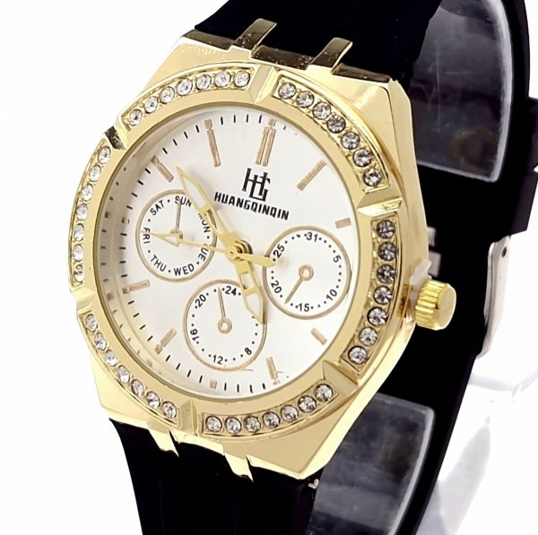 3928 Ekskluzywny damski złoty zegarek błyszczący cyrkonie klasyk silikonowy pasek