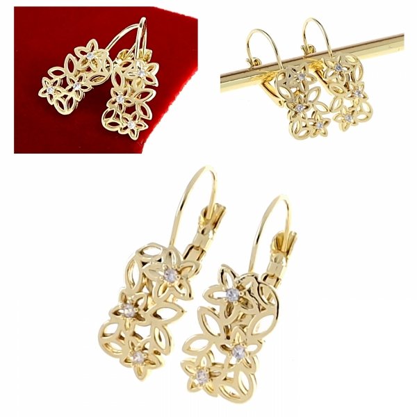 2656 Piękne kolczyki ażurowe złote pozłacane wiszące 14K cyrkonie Viki Lady ażur angielskie zapięcie apartowskie