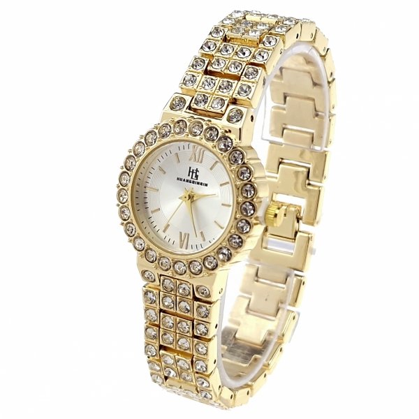 3417 Ekskluzywny damski złoty zegarek błyszczący klasyk cyrkonie