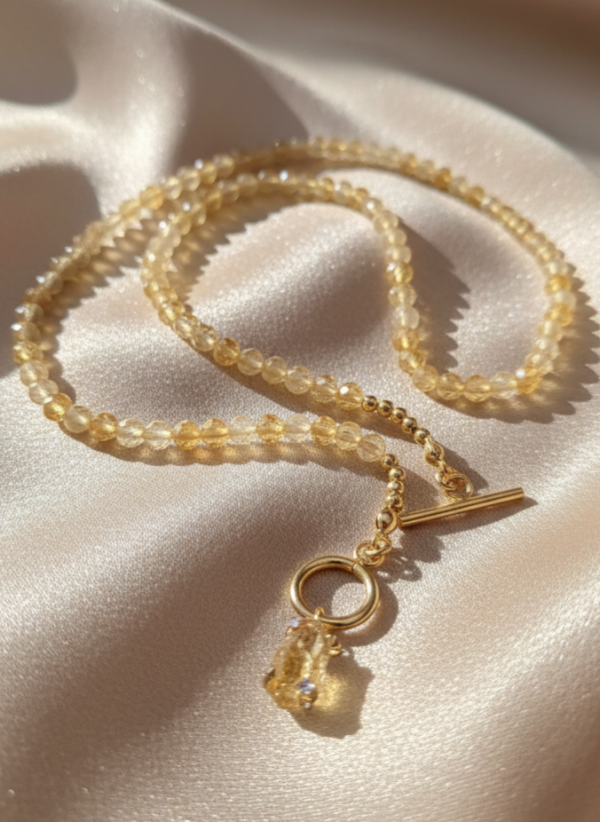 2514 Złoty łańcuszek cytryn kamień naturalny 44cm stal chirurgiczna nierdzewna naszyjnik