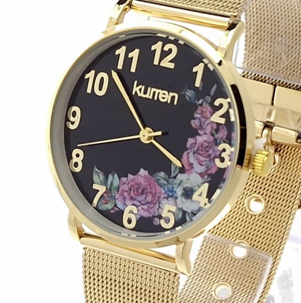 1350a Zegarek damski złoty stal chirurgiczna Kurren elegancki klasyk kwiaty