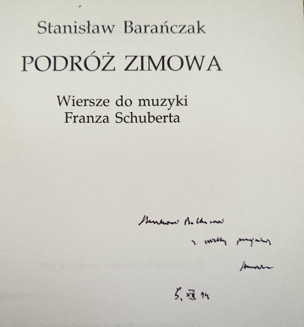 Stanisław Barańczak Podróż zimowa [dedykacja autorska]
