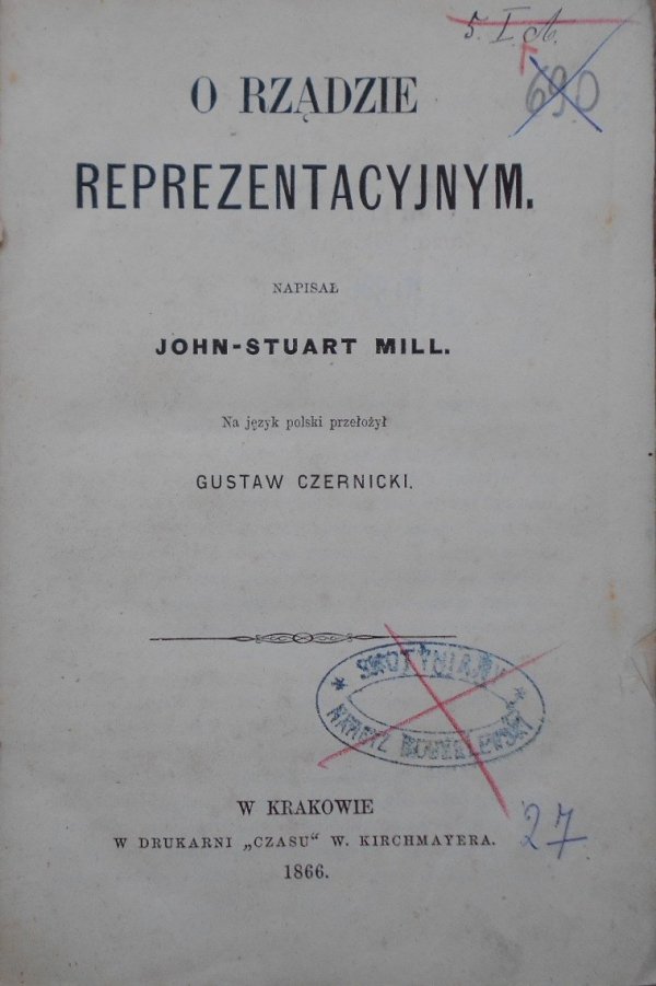 John Stuart Mill O rządzie reprezentacyjnym 1866