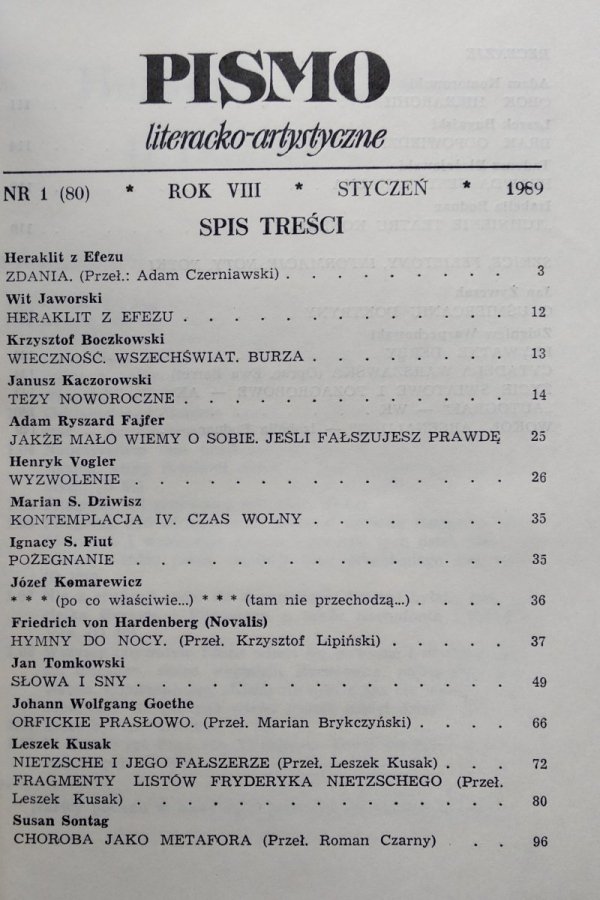 Pismo literacko-artystyczne 1/1989 • Novalis, Heraklit, Nietzsche, Sontag