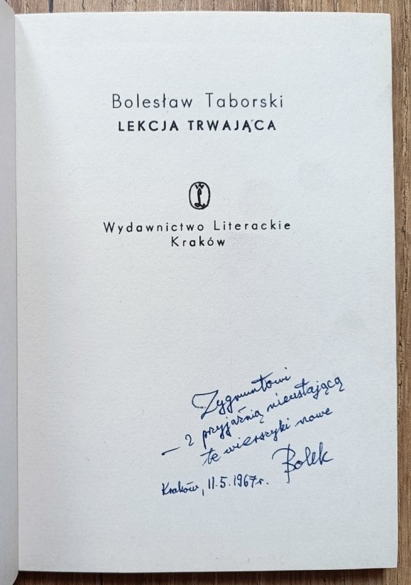 Bolesław Taborski Lekcja trwająca / dedykacja autorska