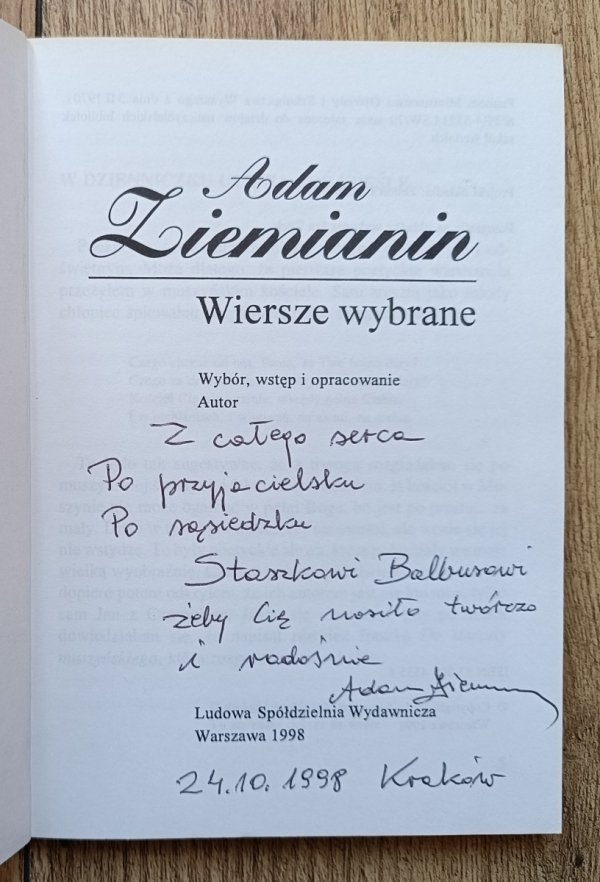 Adam Ziemianin Wiersze wybrane [dedykacja Adama Ziemianina]