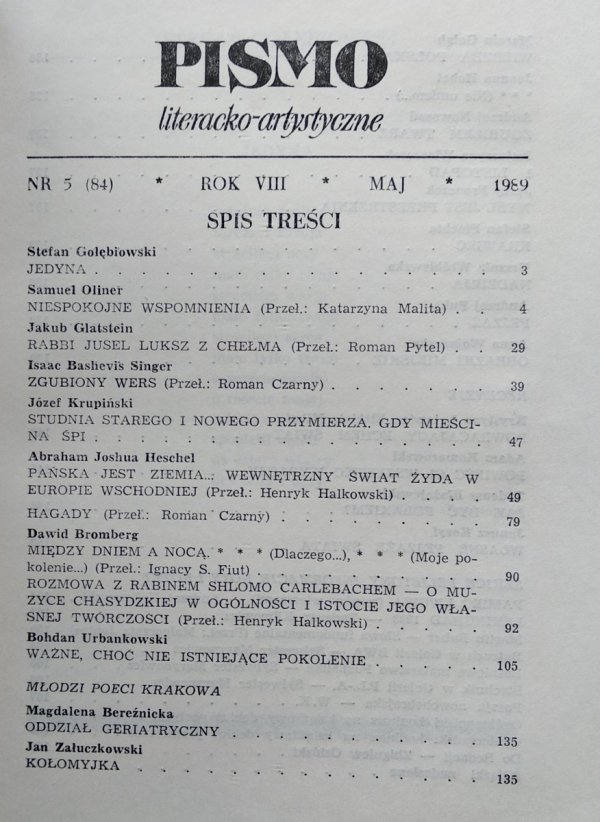 Pismo literacko-artystyczne 5/1989 • AJ Heschel, IB Singer