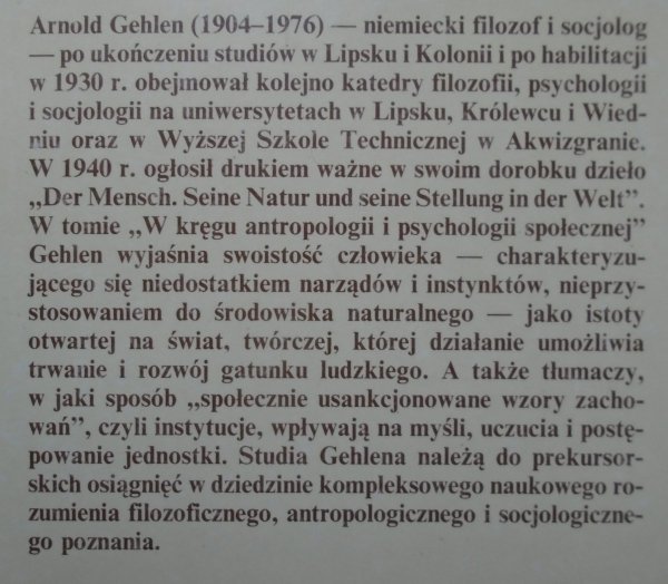 Arnold Gehlen • W kręgu antropologii i psychologii społecznej