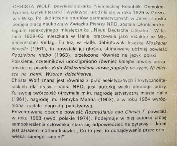Christa Wolf Rozmyślania nad Christą T.