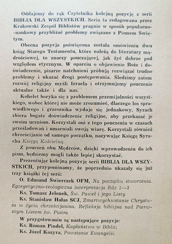 ks. Tomasz Jelonek Kohelet i Syrach: dwaj mędrcy Izraela