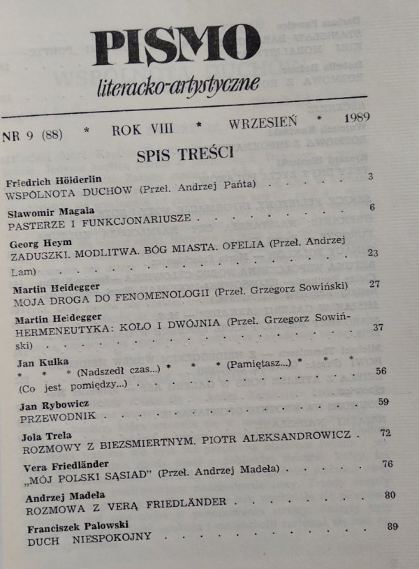 Pismo literacko-artystyczne 9/1989 • Heidegger, Holderlin, Barańczak