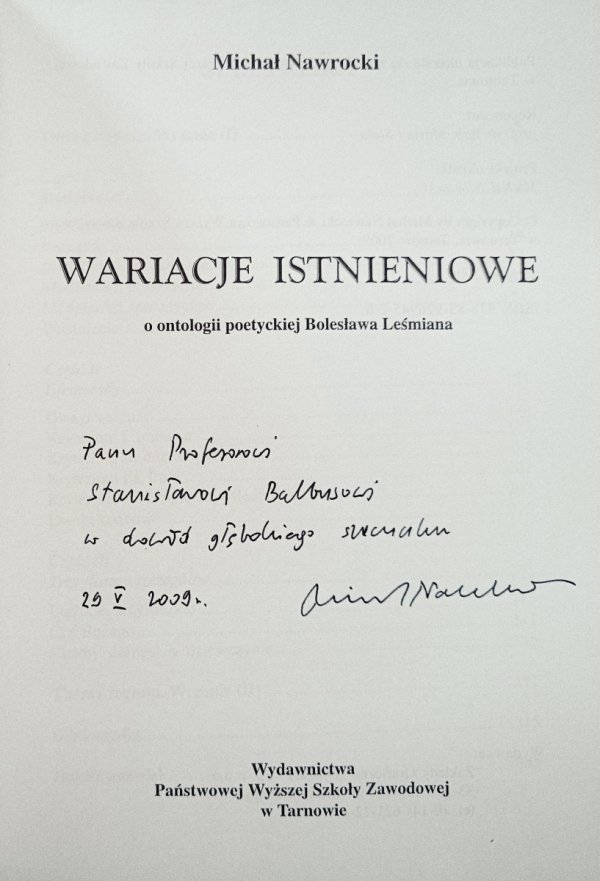 Michał Nawrocki • Wariacje istnieniowe. O ontologii poetyckiej Bolesława Leśmiana [dedykacja autorska]
