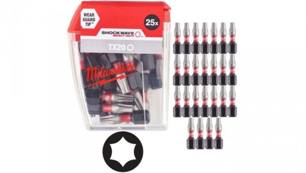 Bity udarowe do wkrętarki TORX TX20 25mm 1/4 SHOCKWAVE 25szt MILWAUKEE
