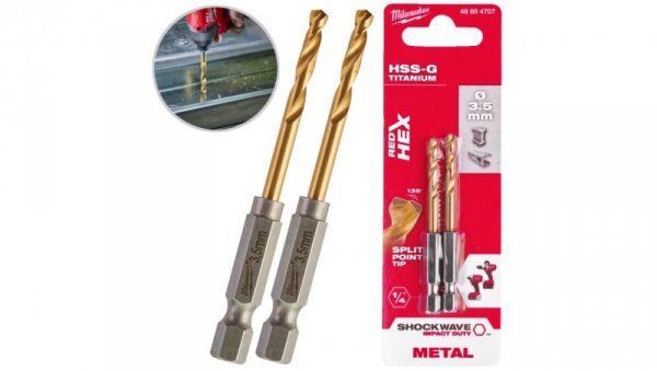 Wiertła do metalu HSS-G TiN walcowane 3,5x25/69mm Zestaw 2szt RED HEX SHOCKWAVE MILWAUKEE