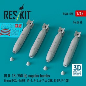 RESKIT RS48-0598 BLU-1B (750 lb) napalm bombs finned MXU-469/B (4 pcs) (A-1, A-4, A-7, A-26K, B-57, F-100) (3D Printed) (1/48)