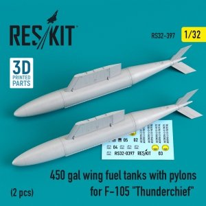 RESKIT RS32-0397 450 GAL WING FUEL TANKS WITH PYLONS FOR F-105 THUNDERCHIEF (2 PCS) 1/32