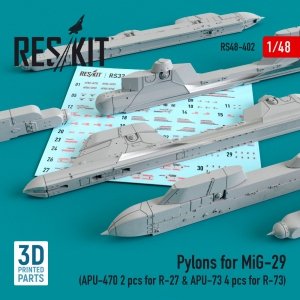 RESKIT RS48-0402 PYLONS FOR MIG-29 (APU-470 2 PCS FOR R-27 & APU-73 4 PCS FOR R-73) 1/48