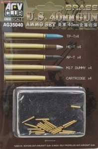 AFV Club AG35040 Bofors 40mm Brass ammo set. Includes TP-T x 4, HE-T x 4, AP-T x 4, M17 dummy x 4 and Cartridge x 4 1:35