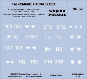 Weikert Decals DEC232 WOJSKO POLSKIE - CZOŁG T-34/85, RUDY 102 i inne / 1 i 2 Armia Polska 1/72